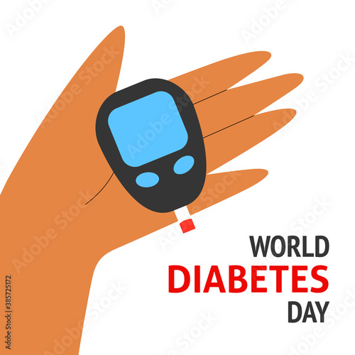 A square vector design of a flyer with a hand and a glucose meter. World diabetes day. Medical theme. 
