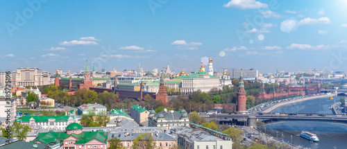 Colorful panorama of the Moscow Kremlin from aerial view at sunny spring day