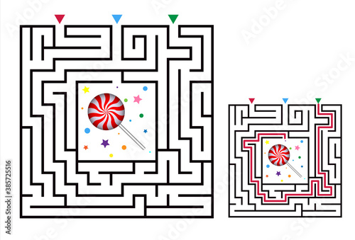 Square maze labyrinth game for kids. Labyrinth logic conundrum with candy. Three entrance and one right way to go. Vector flat illustration isolated on white background.