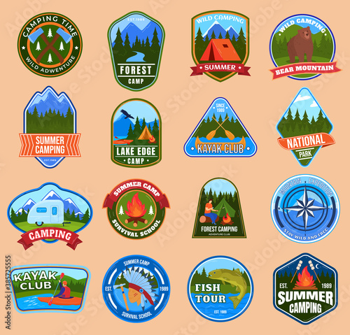 Logo summer tourism vector illustration set. Cartoon flat tourist camping and summertime extreme sport outdoor activity stickers or stamps collection of hiking trekking kayaking rafting in wild nature