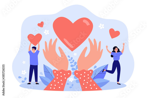 Hands holding heart symbol flat vector illustration. Happy cartoon people giving love or hope and donating help. Friendship, assistance and charity concept