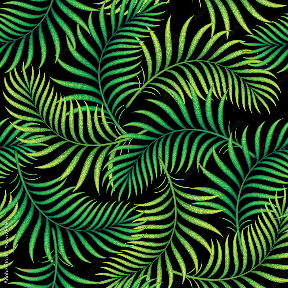 Vector tropical seamless pattern, stylized palm leaves decorated with geometric patterns on black background.