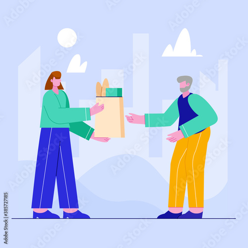 Illustration of a woman giving a gift to an old person. People make donations. Social activities to help others.