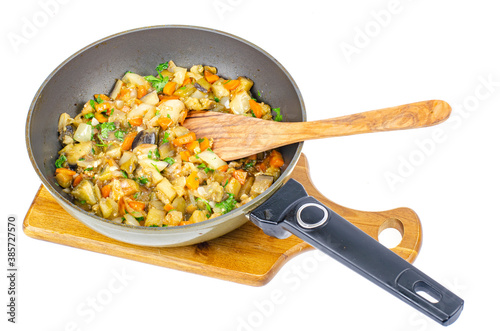 Stewed seasonal vegetables in pan, vegetable stew.