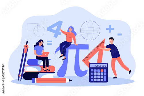 Tiny students learning math in college isolated flat vector illustration. Cartoon geometry figures, algebra formulas and symbols. Guy with ruler, ladies studying. Education and school concept