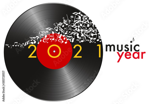 Carte de vœux pour l’année 2021 sur le concept de la musique, avec pour symbole un disque vinyle et une banderole de note qui s’envolent.