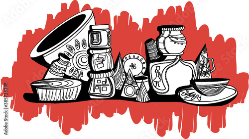 A collection of Indian style vessels and pots with ornamentation, coming together to celebrate Indian culture. 