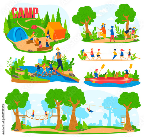 Children play games in summer camp vector illustration set. Cartoon flat playground outdoor camping collection  camper child and adult characters sitting by tent  kayaking and hiking isolated on white