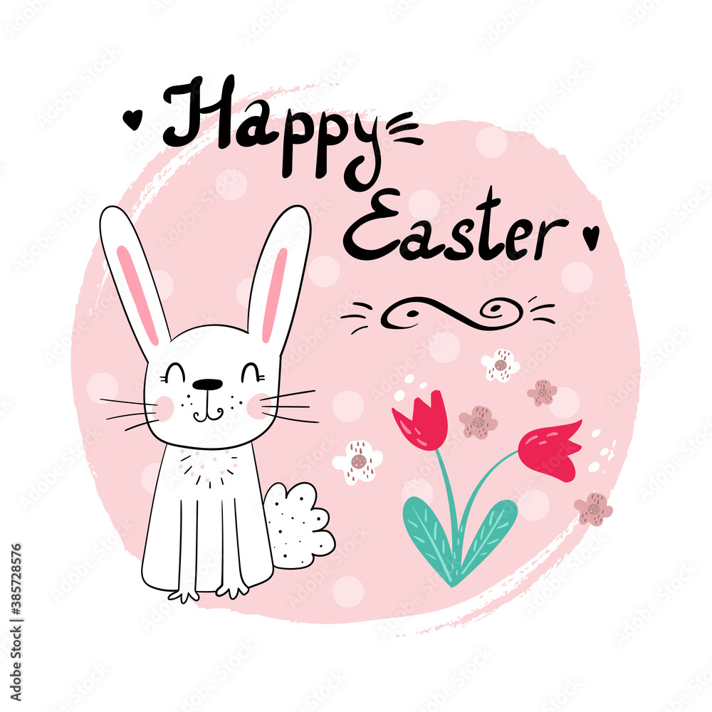 Easter bunny with a handwritten headline Happy Easter. Vector illustration. Hand drawn Vector card