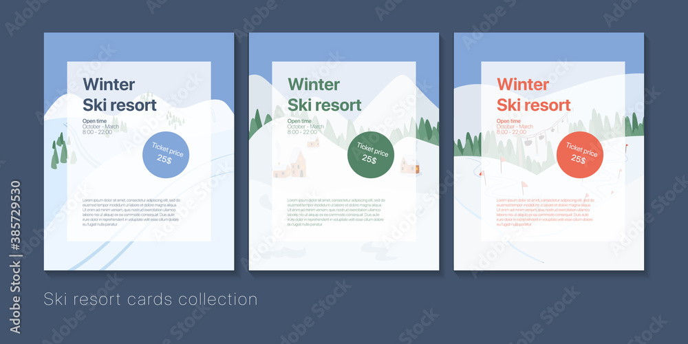 Ski resort banners concept for design and web. Winter landscape with text vector flat cartoon illustration. Ski resort banners concept for design and web. Winter landscape with text vector flat cartoon illustration.