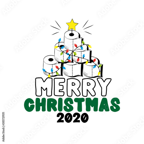 Merry Christmas 2020 - Toilet paper Christmas tree. Funny greeting card for Christmas in covid-19 pandemic self isolated period. 