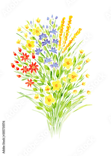 Hand painted watercolor flowers bouquet on the white background, invitation , greeting card, botanical painting, wall poster