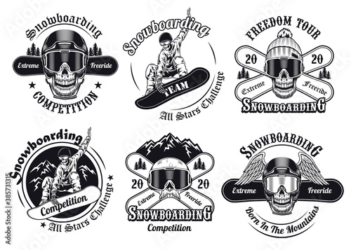 Monochrome snowboarders set. Cartoon skulls with crossed snowboards, hats, helmets and masks. Illustrations for ski resort emblems templates, extreme winter sport concept