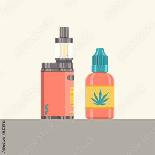 Flat vector set of electronic cigarettes and vape E liquid dropper bottle. Flat essential oil jar container.