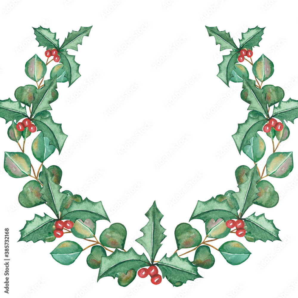Fototapeta premium Watercolor hand painted nature winter holiday circle frame with eucalyptus green leaves, holly red berries and leaves on branch wreath on the white background for christmas and new year greeting card