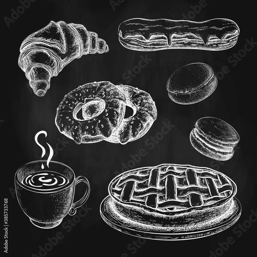 chalk drawn pastries with coffee cup or tea on black chalkboard in vintage style. chalky sketch of coffee, croissant, eclair, donuts, macaroons and apple pie cake on blackboard. breakfast illustration