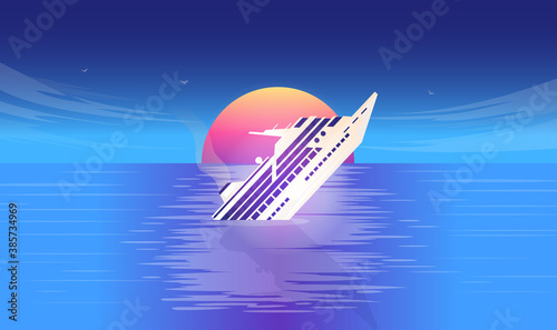 Sinking ship vector illustration - Cruice ship sinking in ocean with sun in background.