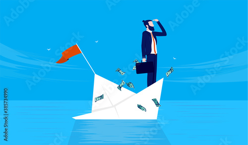 Bankruptcy - Manager standing  stedfast and going down with the ship. Bankrupt business and failure concept. Vector illustration.