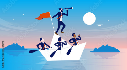Business ship - People all in the same boat working hard and finding the way forward. Manager and employees teamwork concept. Vector illustration.