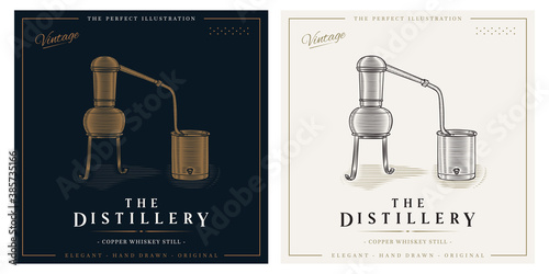 Distillery vintage logo whiskey copper pot still illustration photo