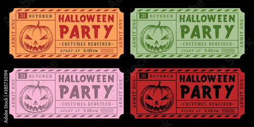 Pumpkin Halloween ticket colorful retro vintage vector set.