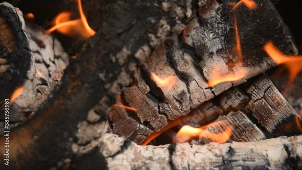 Burning wood logs and charcoals. Flame of fire on the logs. High quality FullHD footage Burning wood logs and charcoals. Flame of fire on the logs. High quality FullHD footage