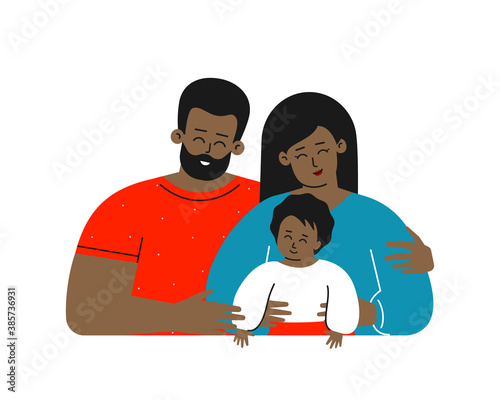 Vector flat isolated illustration with cartoon characters. African american family with young adult parents are smiling. Happy mom cuddles her little kid, handsome father hugs them. White background