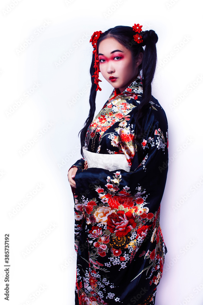 young pretty geisha in black kimono with sakura, asian ethno closeup on white background isolated young pretty geisha in black kimono with sakura, asian ethno closeup on white background isolated