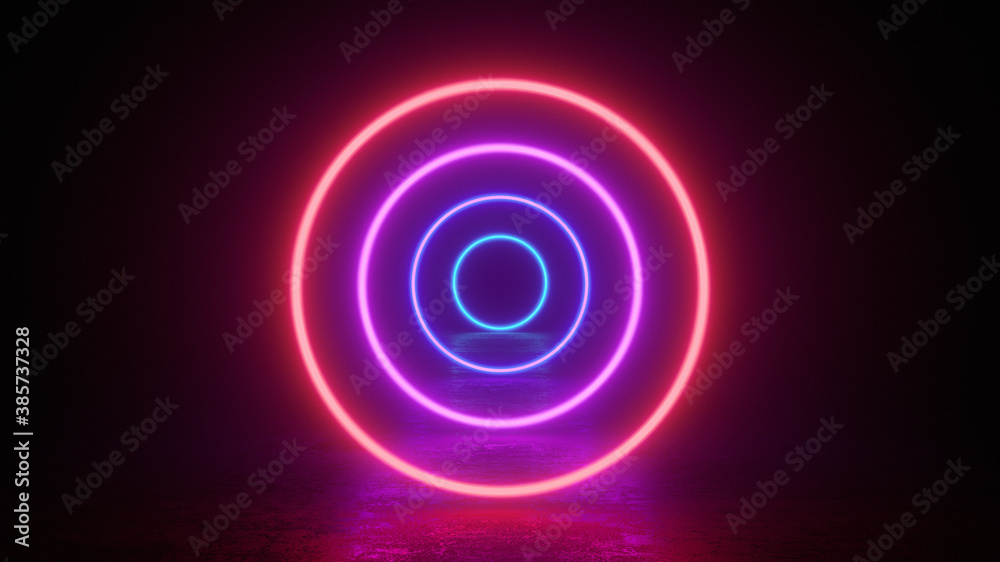 Glowing neon red purple circles rings lines with reflections on ground, lights, abstract vintage background, ultraviolet, spectrum vibrant colors, laser show. 3d render illustration Glowing neon red purple circles rings lines with reflections on ground, lights, abstract vintage background, ultraviolet, spectrum vibrant colors, laser show. 3d render illustration