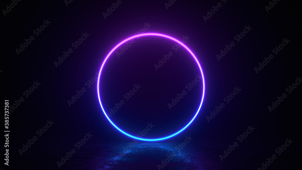 Glowing neon purple circle with reflections on ground, lights, abstract vintage background, ultraviolet, spectrum vibrant colors, laser show. 3d render illustration