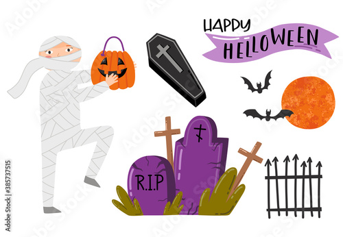 HALLOWEEN illustrations : boy mummy, coffin, zombie and mystical moon, happy halloween inscription.