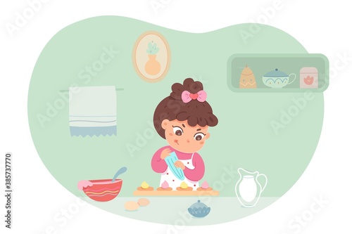 Kid cooking cake in kitchen. Happy smiling girl preparing sweet food at home in apron. Childhood helper vector illustration. Household leisure activity indoor. Room interior