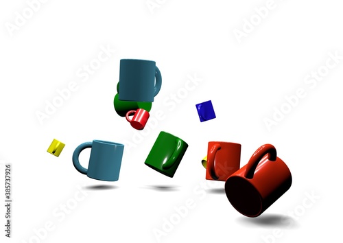 Multi-colored mugs for coffee and hot drinks soar upwards under the influence of negative gravity on a white background