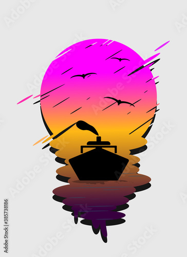 ships in the sea under a beautiful full moon. vector illustration