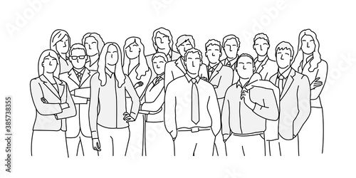 Crowd of business people. Front view. Hand drawn vector line.