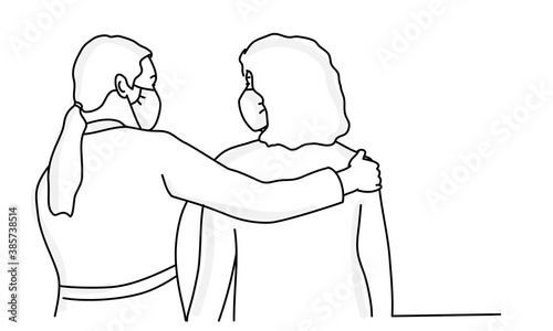 Doctor or nurse hugs the patient. Hand drawn vector line.