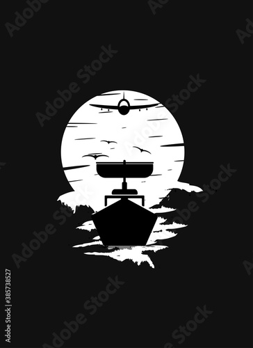 ships in the sea under a beautiful full moon. vector illustration