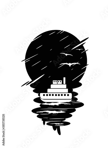 ships in the sea under a beautiful full moon. vector illustration