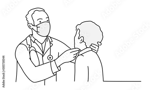 Male paediatrician in protection mask examines the boy. Hand drawn vector line.