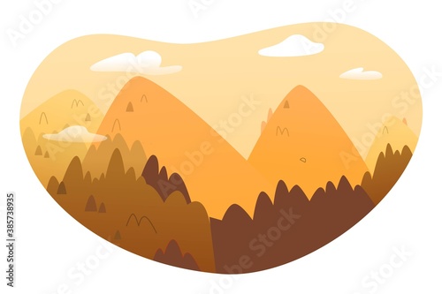 Mountains and hills in autumn background. Landscape with orange and brown hills, trees, sky with clouds vector illustration. Horizontal scenic outdoor view. Travel in nature wallpaper