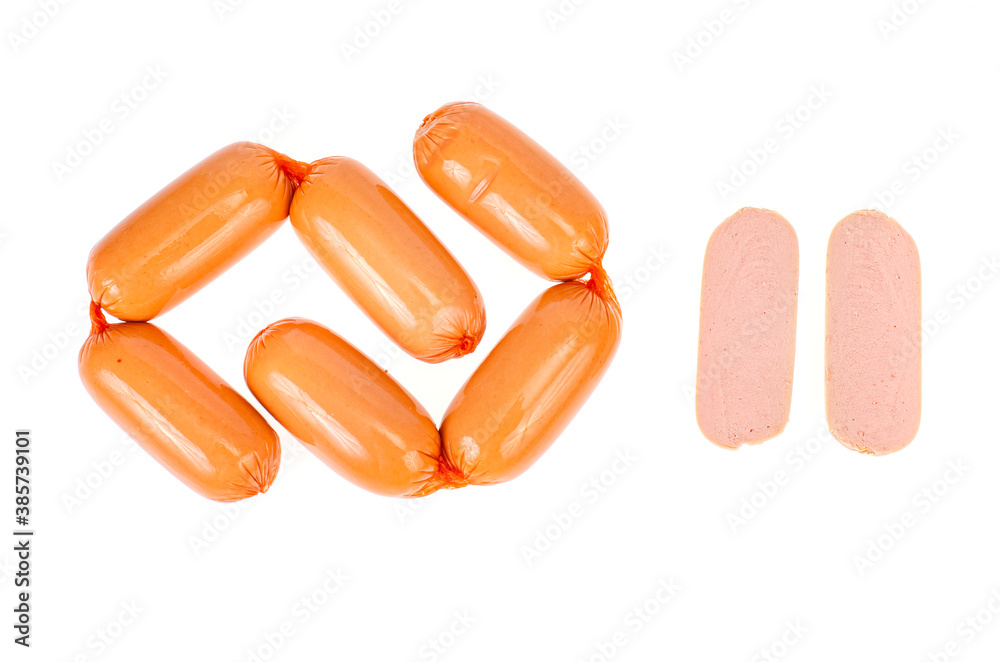 Meat sausages in polyamide casing isolated on white background. Meat sausages in polyamide casing isolated on white background.