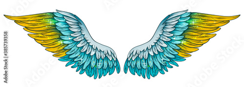 Beautiful magic shiny blue yellow vector wings