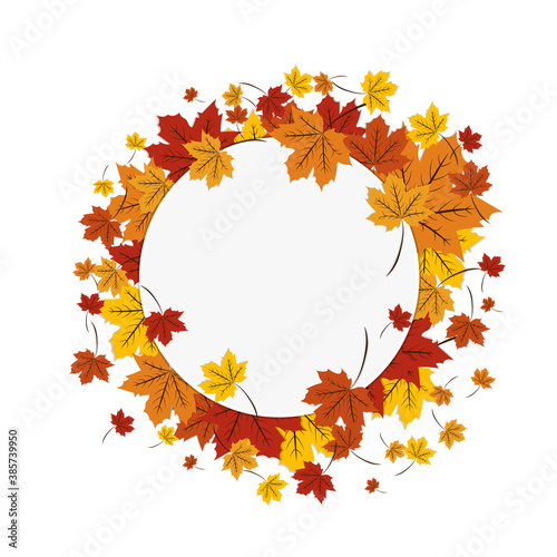 Autumnal round frame in colorful maple leaves