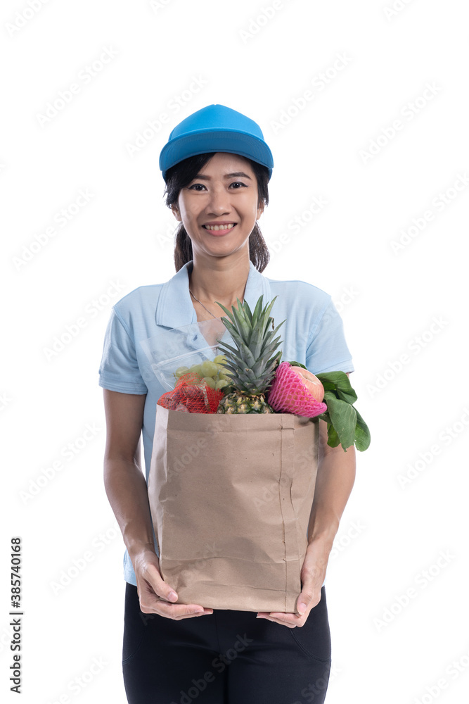 female delivery courier bring groceries in the bag female delivery courier bring groceries in the bag