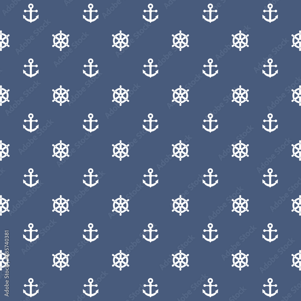 Seamless nautical pattern with white anchors and ship wheels. Blue background.