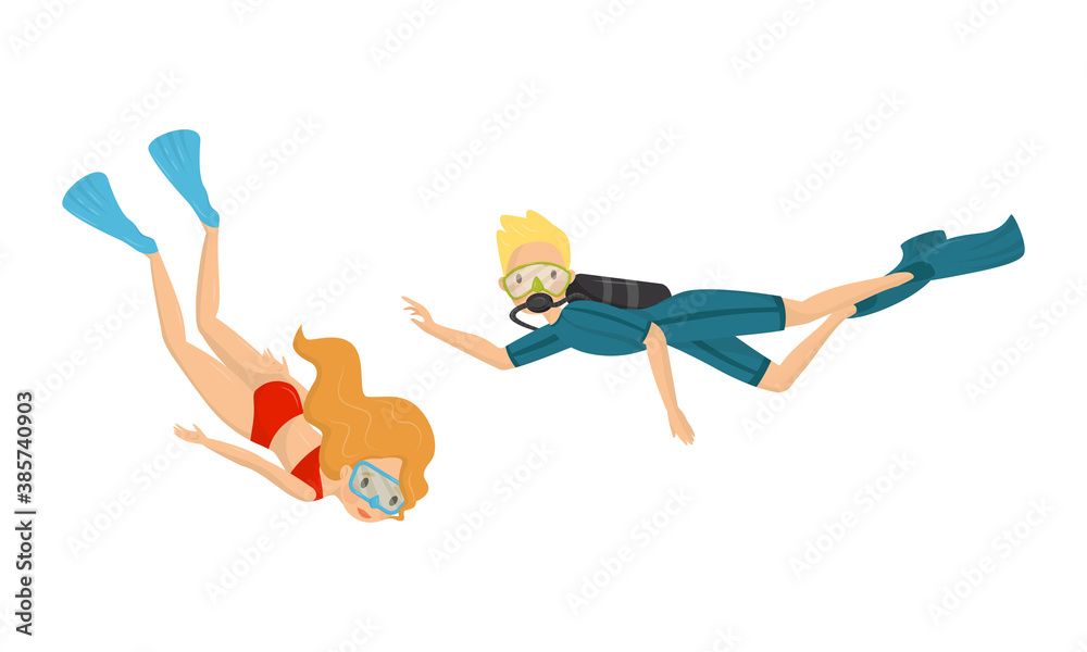 People Characters Wearing Swim Fins and Goggles Diving and Floating Underwater Vector Illustration Set