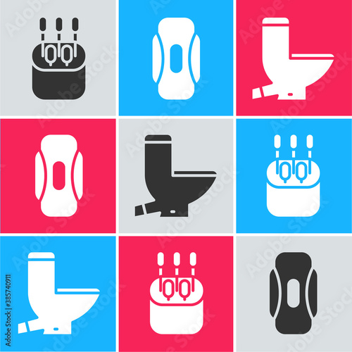 Set Cotton swab for ears, Sanitary napkin and Toilet bowl icon. Vector.