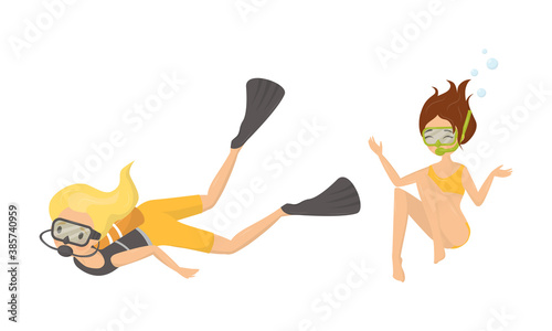 Young Woman Wearing Swim Fins and Goggles Diving and Floating Underwater Vector Illustration Set