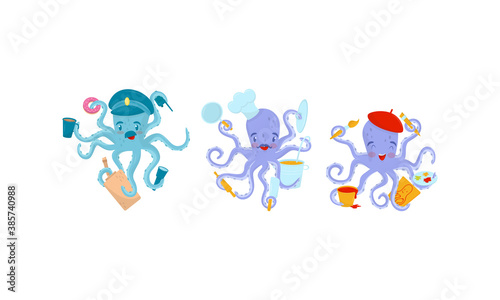 Octopuses Engaged in Different Occupations Holding Various Objects Vector Set