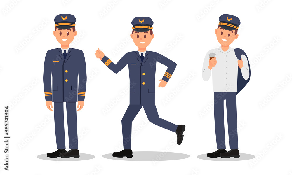 Man Aircraft Pilot Wearing Professional Uniform Standing with Coffee and Running Vector Illustration Set.